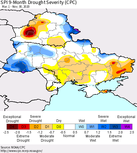 Ukraine, Moldova and Belarus SPI 9-Month Drought Severity (CPC) Thematic Map For 3/1/2020 - 11/30/2020