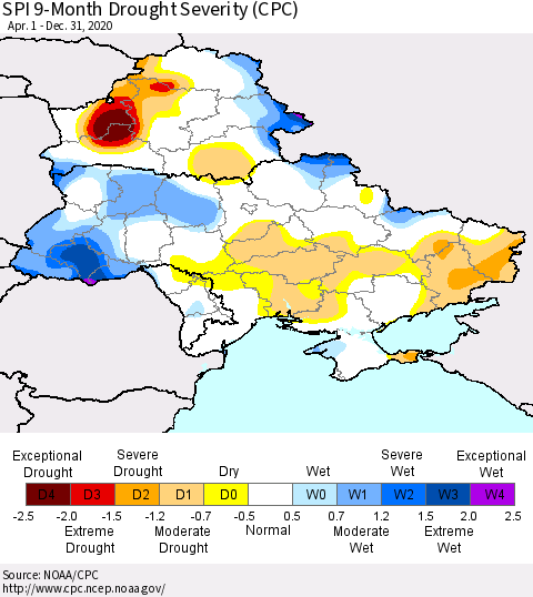 Ukraine, Moldova and Belarus SPI 9-Month Drought Severity (CPC) Thematic Map For 4/1/2020 - 12/31/2020