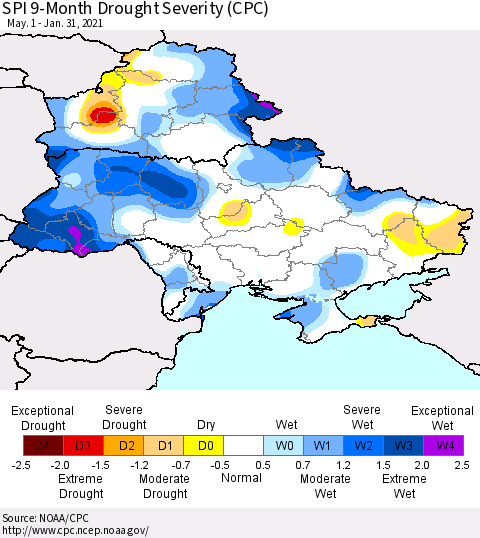 Ukraine, Moldova and Belarus SPI 9-Month Drought Severity (CPC) Thematic Map For 5/1/2020 - 1/31/2021