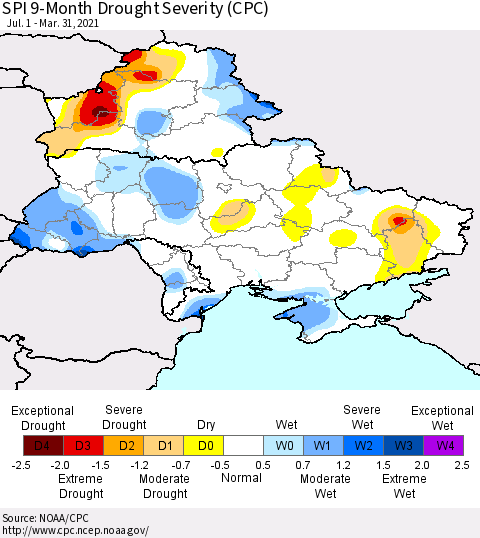 Ukraine, Moldova and Belarus SPI 9-Month Drought Severity (CPC) Thematic Map For 7/1/2020 - 3/31/2021