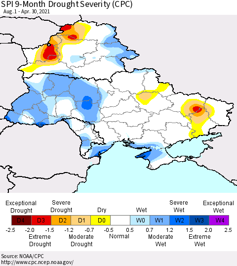 Ukraine, Moldova and Belarus SPI 9-Month Drought Severity (CPC) Thematic Map For 8/1/2020 - 4/30/2021