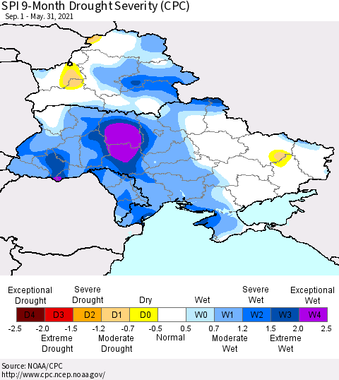 Ukraine, Moldova and Belarus SPI 9-Month Drought Severity (CPC) Thematic Map For 9/1/2020 - 5/31/2021