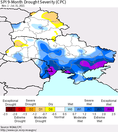 Ukraine, Moldova and Belarus SPI 9-Month Drought Severity (CPC) Thematic Map For 11/1/2020 - 7/31/2021