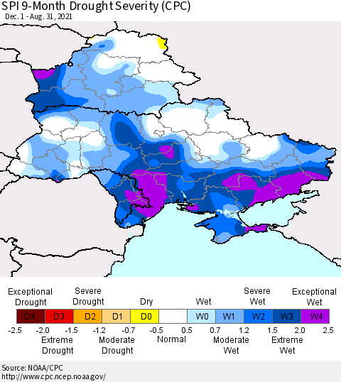 Ukraine, Moldova and Belarus SPI 9-Month Drought Severity (CPC) Thematic Map For 12/1/2020 - 8/31/2021