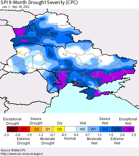 Ukraine, Moldova and Belarus SPI 9-Month Drought Severity (CPC) Thematic Map For 1/1/2021 - 9/30/2021