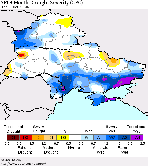 Ukraine, Moldova and Belarus SPI 9-Month Drought Severity (CPC) Thematic Map For 2/1/2021 - 10/31/2021