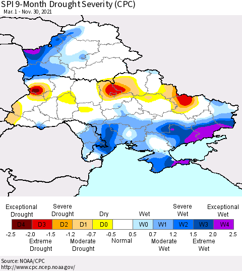 Ukraine, Moldova and Belarus SPI 9-Month Drought Severity (CPC) Thematic Map For 3/1/2021 - 11/30/2021