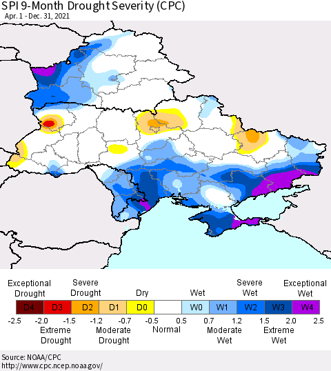 Ukraine, Moldova and Belarus SPI 9-Month Drought Severity (CPC) Thematic Map For 4/1/2021 - 12/31/2021