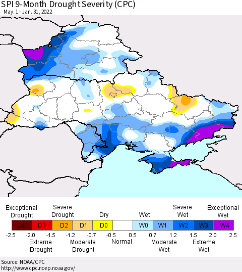 Ukraine, Moldova and Belarus SPI 9-Month Drought Severity (CPC) Thematic Map For 5/1/2021 - 1/31/2022