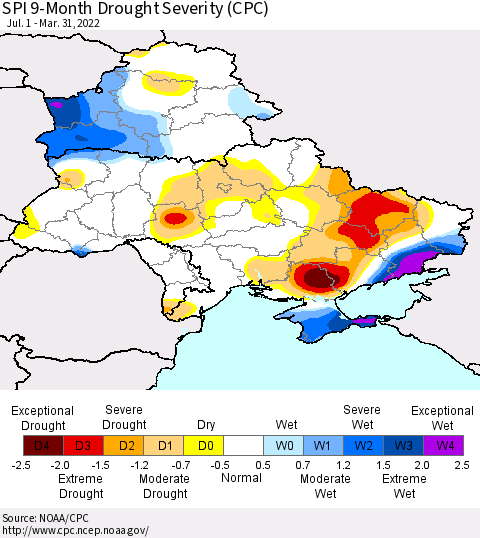 Ukraine, Moldova and Belarus SPI 9-Month Drought Severity (CPC) Thematic Map For 7/1/2021 - 3/31/2022