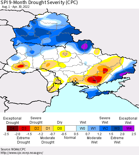 Ukraine, Moldova and Belarus SPI 9-Month Drought Severity (CPC) Thematic Map For 8/1/2021 - 4/30/2022