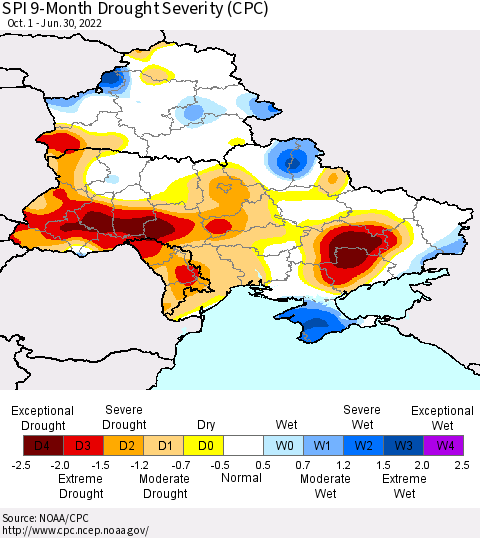 Ukraine, Moldova and Belarus SPI 9-Month Drought Severity (CPC) Thematic Map For 10/1/2021 - 6/30/2022