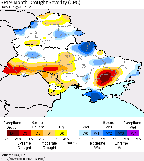 Ukraine, Moldova and Belarus SPI 9-Month Drought Severity (CPC) Thematic Map For 12/1/2021 - 8/31/2022