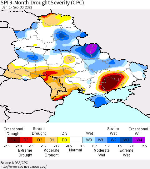 Ukraine, Moldova and Belarus SPI 9-Month Drought Severity (CPC) Thematic Map For 1/1/2022 - 9/30/2022