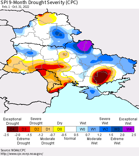 Ukraine, Moldova and Belarus SPI 9-Month Drought Severity (CPC) Thematic Map For 2/1/2022 - 10/31/2022