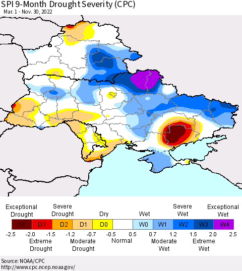 Ukraine, Moldova and Belarus SPI 9-Month Drought Severity (CPC) Thematic Map For 3/1/2022 - 11/30/2022