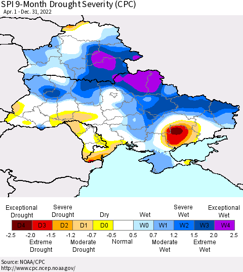 Ukraine, Moldova and Belarus SPI 9-Month Drought Severity (CPC) Thematic Map For 4/1/2022 - 12/31/2022