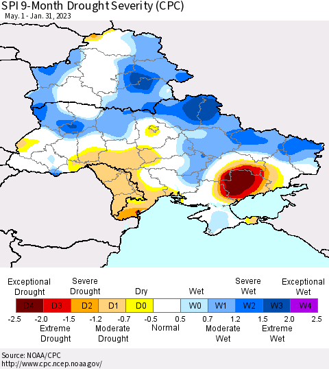 Ukraine, Moldova and Belarus SPI 9-Month Drought Severity (CPC) Thematic Map For 5/1/2022 - 1/31/2023