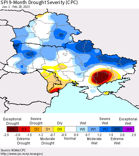 Ukraine, Moldova and Belarus SPI 9-Month Drought Severity (CPC) Thematic Map For 6/1/2022 - 2/28/2023