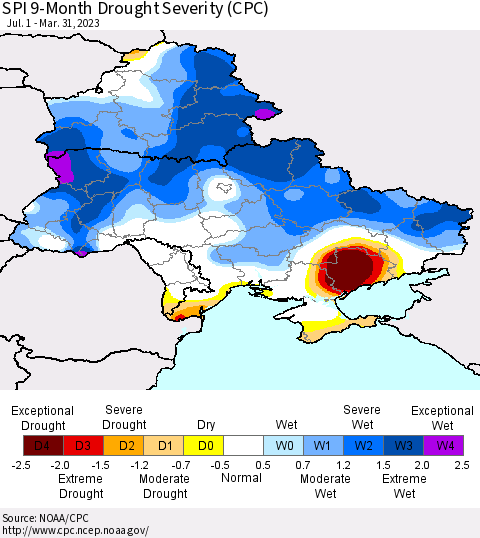 Ukraine, Moldova and Belarus SPI 9-Month Drought Severity (CPC) Thematic Map For 7/1/2022 - 3/31/2023