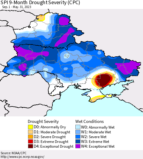 Ukraine, Moldova and Belarus SPI 9-Month Drought Severity (CPC) Thematic Map For 9/1/2022 - 5/31/2023