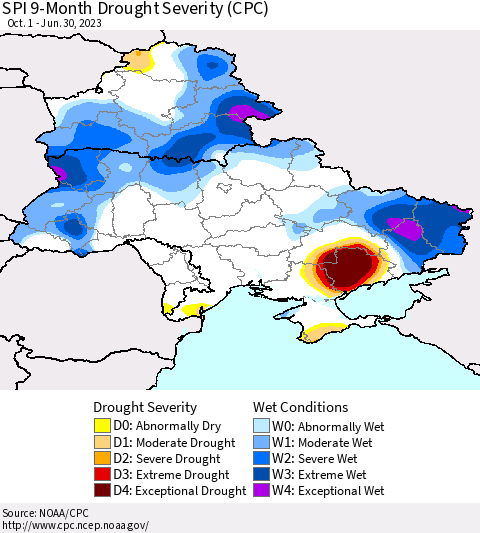 Ukraine, Moldova and Belarus SPI 9-Month Drought Severity (CPC) Thematic Map For 10/1/2022 - 6/30/2023