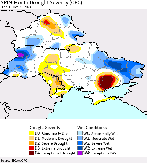 Ukraine, Moldova and Belarus SPI 9-Month Drought Severity (CPC) Thematic Map For 2/1/2023 - 10/31/2023