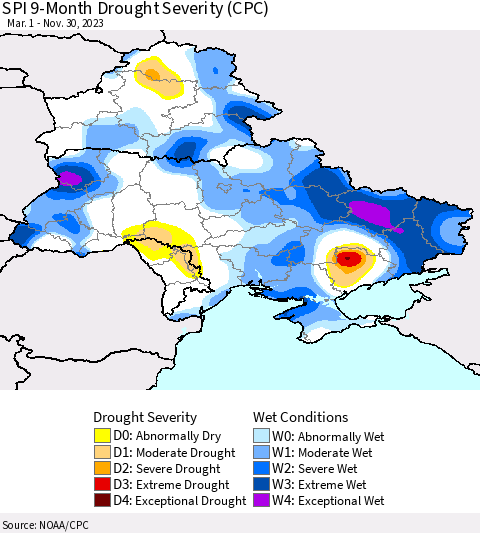 Ukraine, Moldova and Belarus SPI 9-Month Drought Severity (CPC) Thematic Map For 3/1/2023 - 11/30/2023