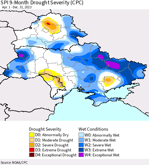 Ukraine, Moldova and Belarus SPI 9-Month Drought Severity (CPC) Thematic Map For 4/1/2023 - 12/31/2023