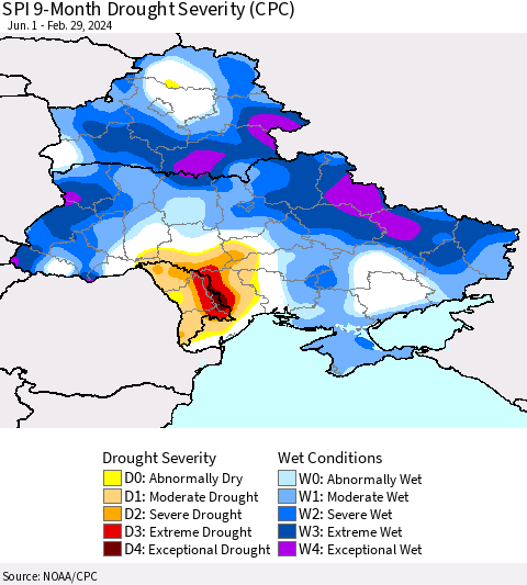 Ukraine, Moldova and Belarus SPI 9-Month Drought Severity (CPC) Thematic Map For 6/1/2023 - 2/29/2024