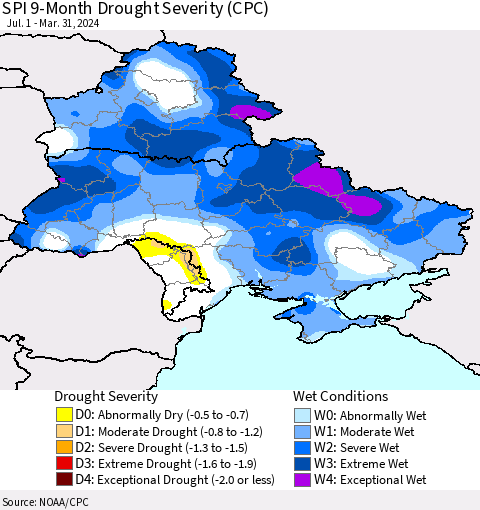 Ukraine, Moldova and Belarus SPI 9-Month Drought Severity (CPC) Thematic Map For 7/1/2023 - 3/31/2024