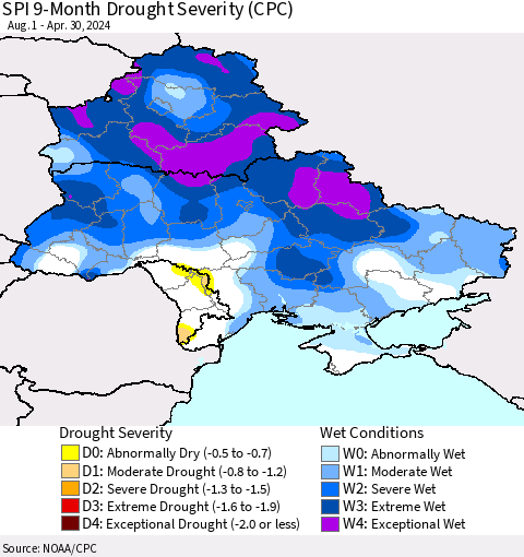 Ukraine, Moldova and Belarus SPI 9-Month Drought Severity (CPC) Thematic Map For 8/1/2023 - 4/30/2024