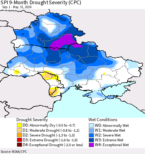Ukraine, Moldova and Belarus SPI 9-Month Drought Severity (CPC) Thematic Map For 9/1/2023 - 5/31/2024