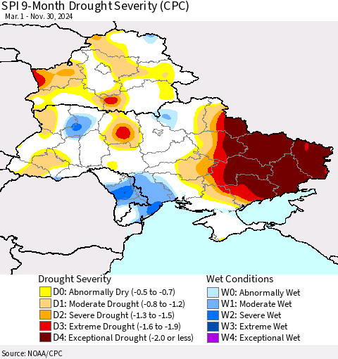 Ukraine, Moldova and Belarus SPI 9-Month Drought Severity (CPC) Thematic Map For 3/1/2024 - 11/30/2024
