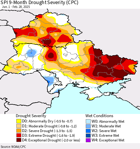 Ukraine, Moldova and Belarus SPI 9-Month Drought Severity (CPC) Thematic Map For 6/1/2024 - 2/28/2025