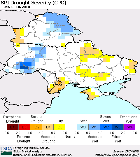 Ukraine, Moldova and Belarus SPI Drought Severity (CPC) Thematic Map For 1/1/2018 - 1/10/2018