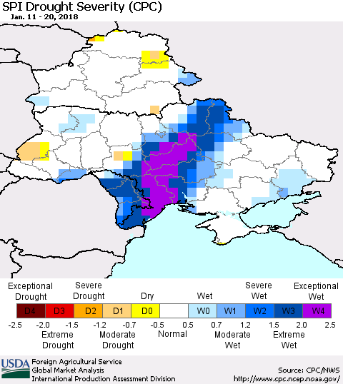 Ukraine, Moldova and Belarus SPI Drought Severity (CPC) Thematic Map For 1/11/2018 - 1/20/2018