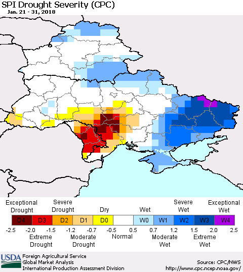 Ukraine, Moldova and Belarus SPI Drought Severity (CPC) Thematic Map For 1/21/2018 - 1/31/2018