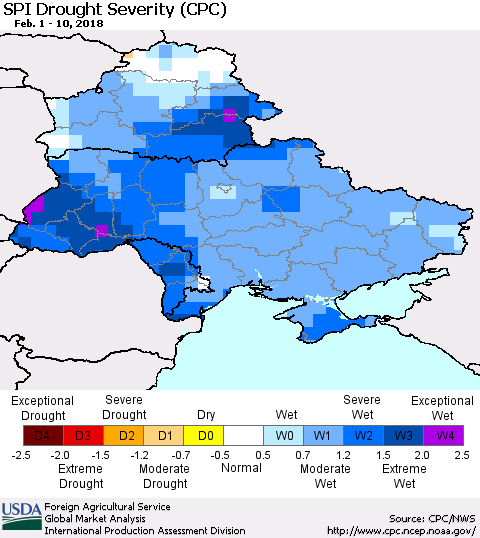 Ukraine, Moldova and Belarus SPI Drought Severity (CPC) Thematic Map For 2/1/2018 - 2/10/2018