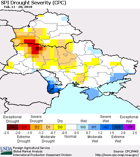 Ukraine, Moldova and Belarus SPI Drought Severity (CPC) Thematic Map For 2/11/2018 - 2/20/2018