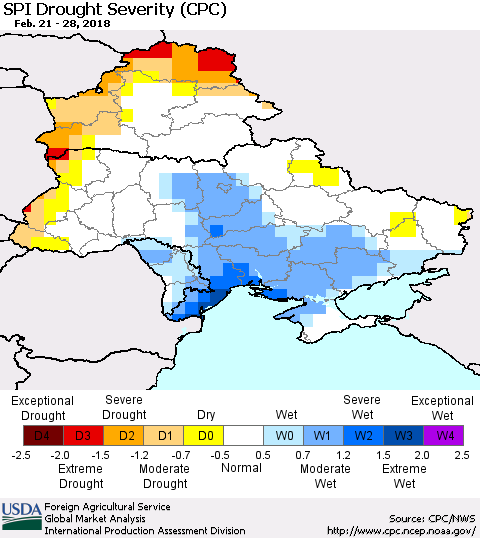 Ukraine, Moldova and Belarus SPI Drought Severity (CPC) Thematic Map For 2/21/2018 - 2/28/2018