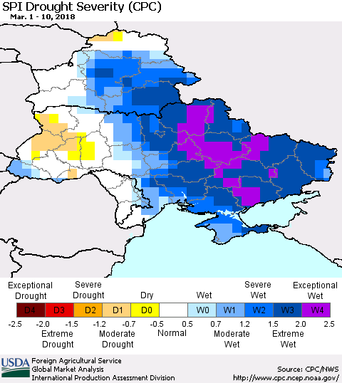 Ukraine, Moldova and Belarus SPI Drought Severity (CPC) Thematic Map For 3/1/2018 - 3/10/2018
