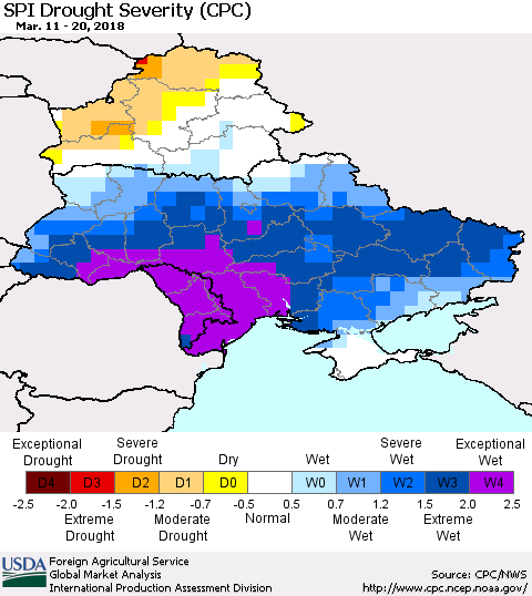 Ukraine, Moldova and Belarus SPI Drought Severity (CPC) Thematic Map For 3/11/2018 - 3/20/2018