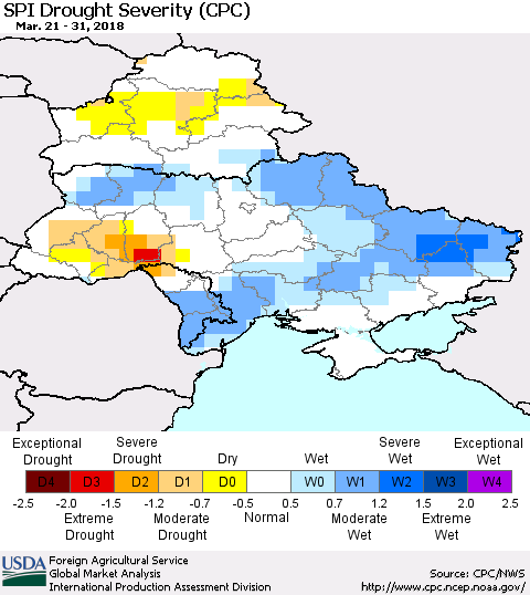 Ukraine, Moldova and Belarus SPI Drought Severity (CPC) Thematic Map For 3/21/2018 - 3/31/2018