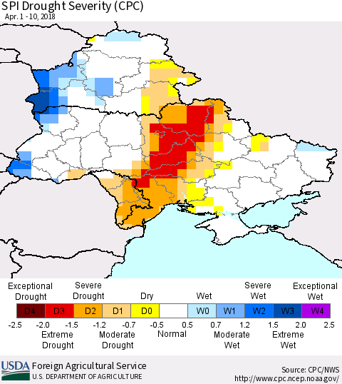 Ukraine, Moldova and Belarus SPI Drought Severity (CPC) Thematic Map For 4/1/2018 - 4/10/2018
