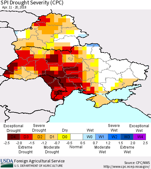 Ukraine, Moldova and Belarus SPI Drought Severity (CPC) Thematic Map For 4/11/2018 - 4/20/2018