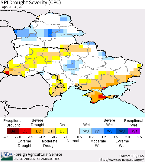 Ukraine, Moldova and Belarus SPI Drought Severity (CPC) Thematic Map For 4/21/2018 - 4/30/2018