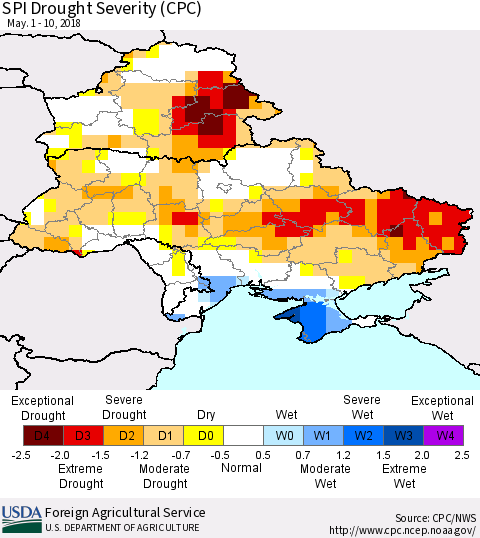 Ukraine, Moldova and Belarus SPI Drought Severity (CPC) Thematic Map For 5/1/2018 - 5/10/2018
