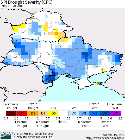 Ukraine, Moldova and Belarus SPI Drought Severity (CPC) Thematic Map For 5/11/2018 - 5/20/2018
