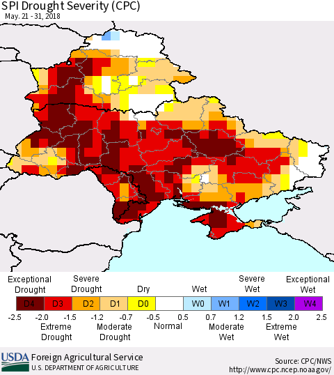 Ukraine, Moldova and Belarus SPI Drought Severity (CPC) Thematic Map For 5/21/2018 - 5/31/2018